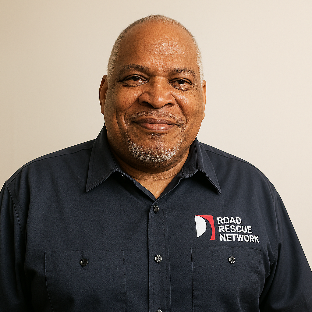 A man smiling, wearing a dark blue collared shirt with the Road Rescue Network logo, standing against a plain light-colored background.