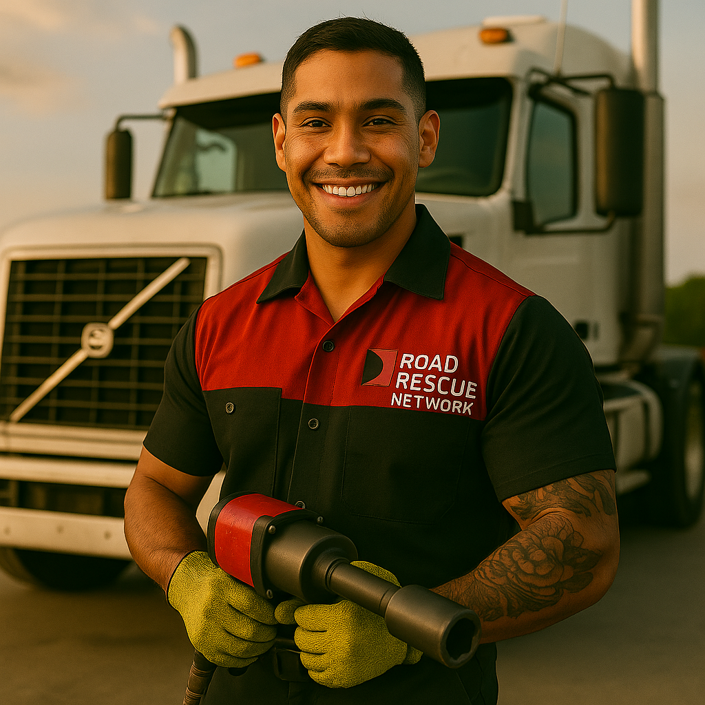 A smiling man in a Road Rescue Network uniform stands in front of a large truck, holding a power tool and wearing yellow work gloves.