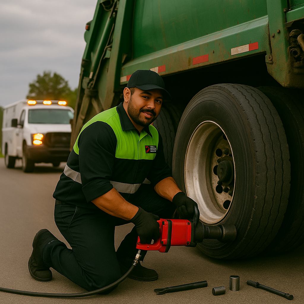 A worker in a green and black uniform kneels by a garbage truck, using a power tool to work on the large rear tire. He is wearing gloves and a cap, and tools are scattered on the ground nearby.