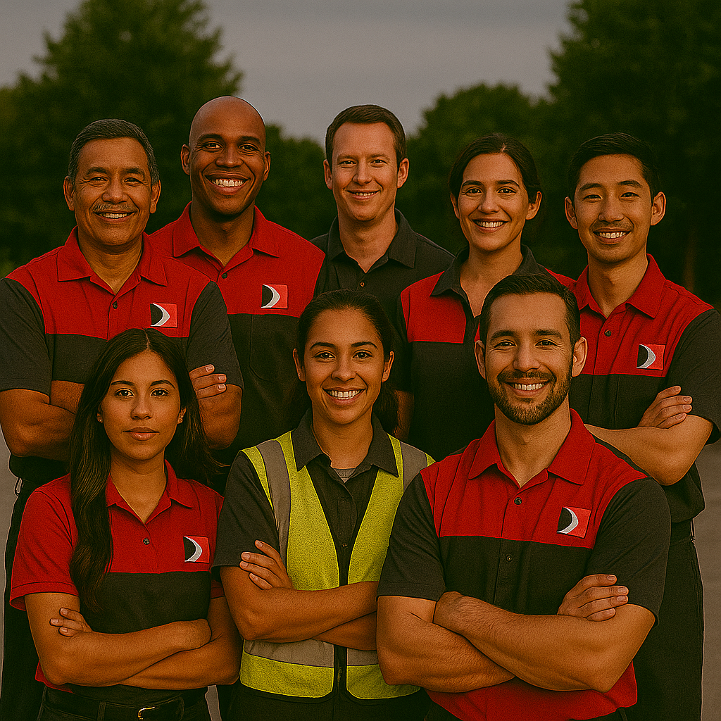 A diverse group of eight people, wearing matching uniforms and safety vests, stand outdoors smiling with arms around each other, with trees visible in the background.