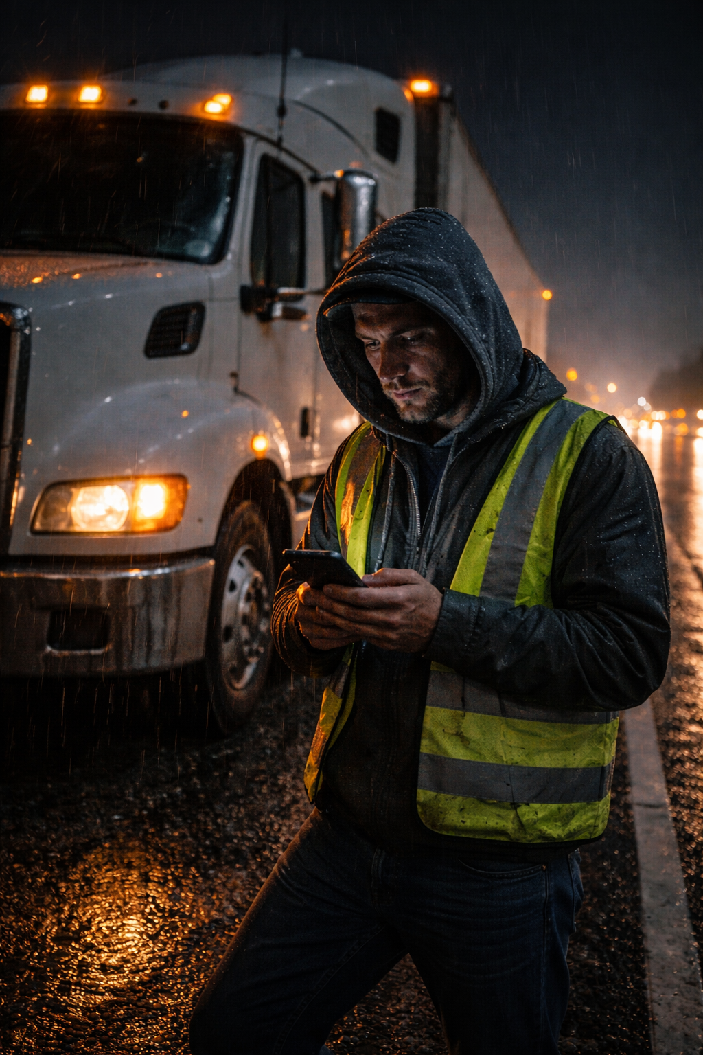 A man wearing a reflective safety vest and hooded jacket stands by a large white truck at night, looking at his phone. The scene is dark and rainy, with wet pavement reflecting the truck’s headlights.