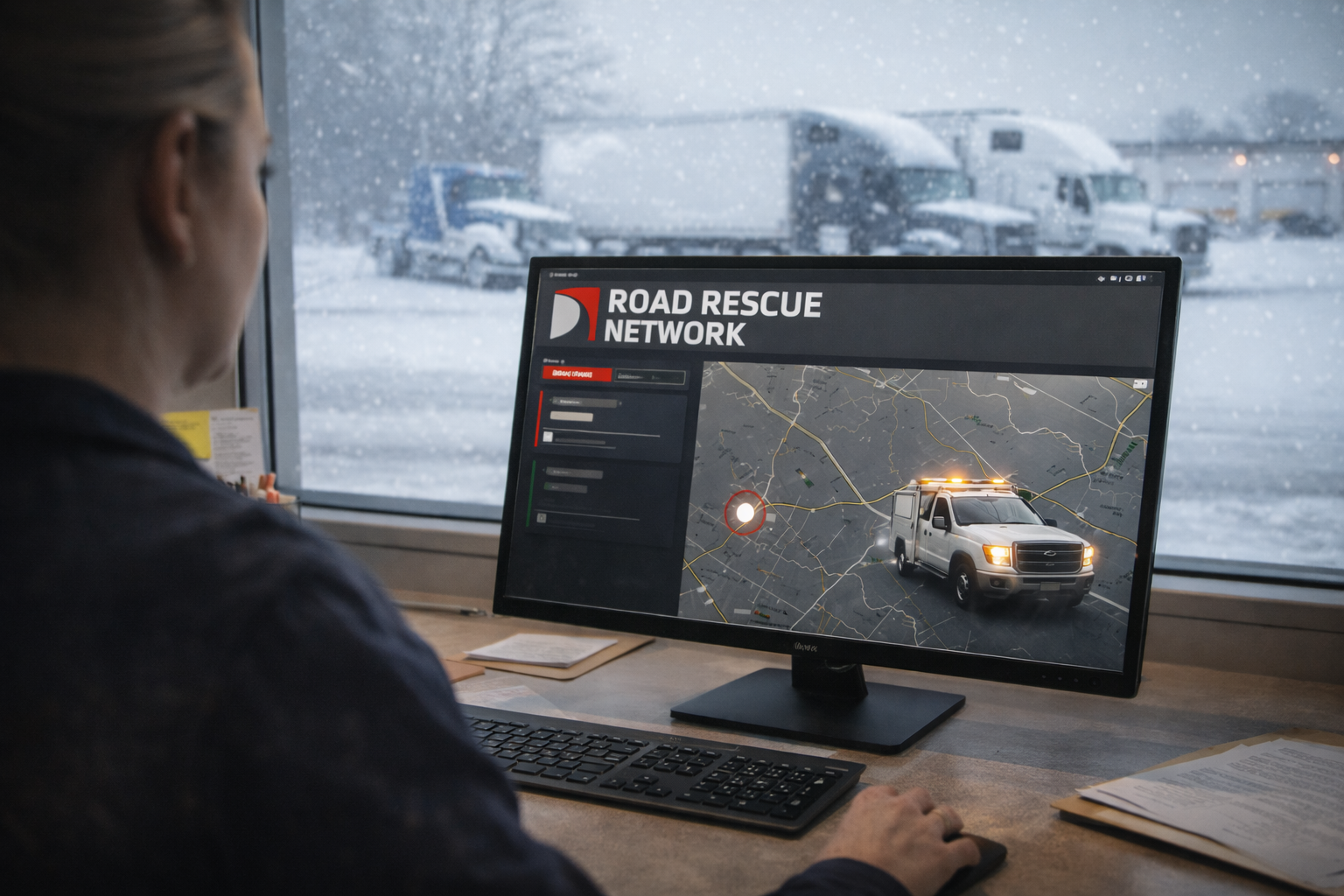 A person sits at a desk by a window, looking at a computer screen displaying a Road Rescue Network map with a tow truck icon and snowy weather visible outside.