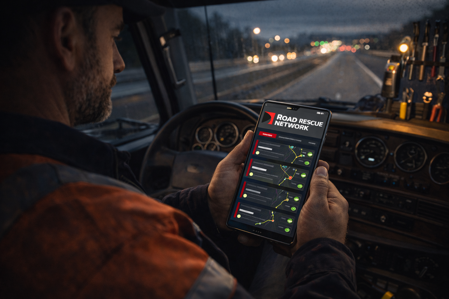 A man sitting in a truck cab at dusk uses a tablet displaying a Road Rescue Network app, showing maps and emergency alerts, with dashboard gauges and tools visible in the background.