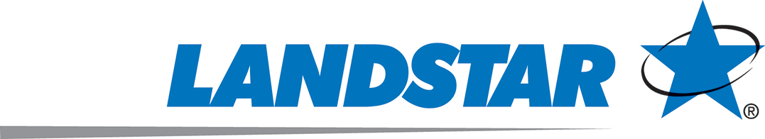 The image shows the Landstar logo with the word LANDSTAR in bold blue letters next to a blue star surrounded by a black swoosh. A gray triangle extends from the left edge of the image.