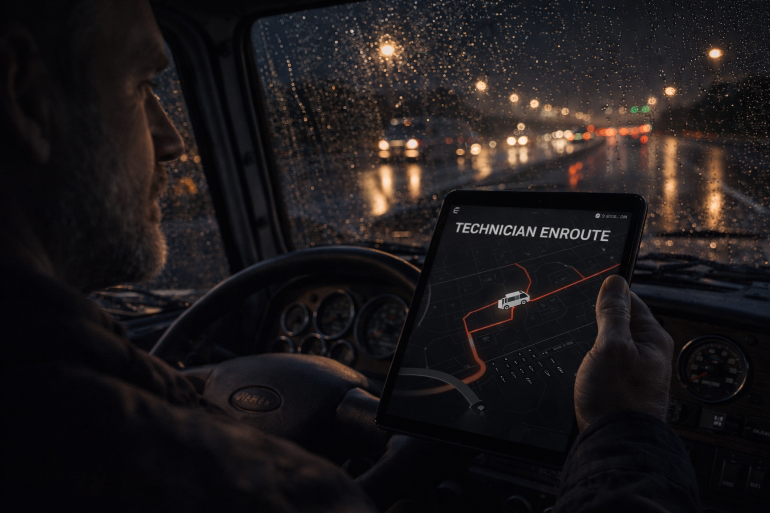 A person driving a vehicle at night in the rain checks a tablet displaying a map with the words “Technician Enroute” and a highlighted route. City lights blur through the wet windshield.