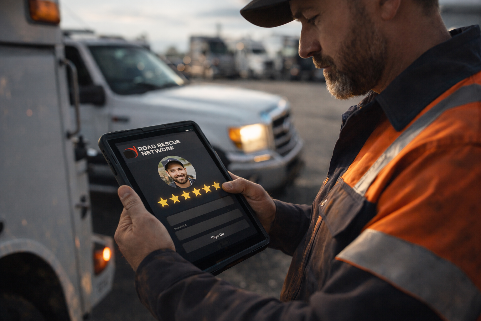 A worker in a high-visibility jacket holds a tablet displaying a road rescue network app with a profile photo and a five-star rating, standing near a white utility truck in an outdoor lot.
