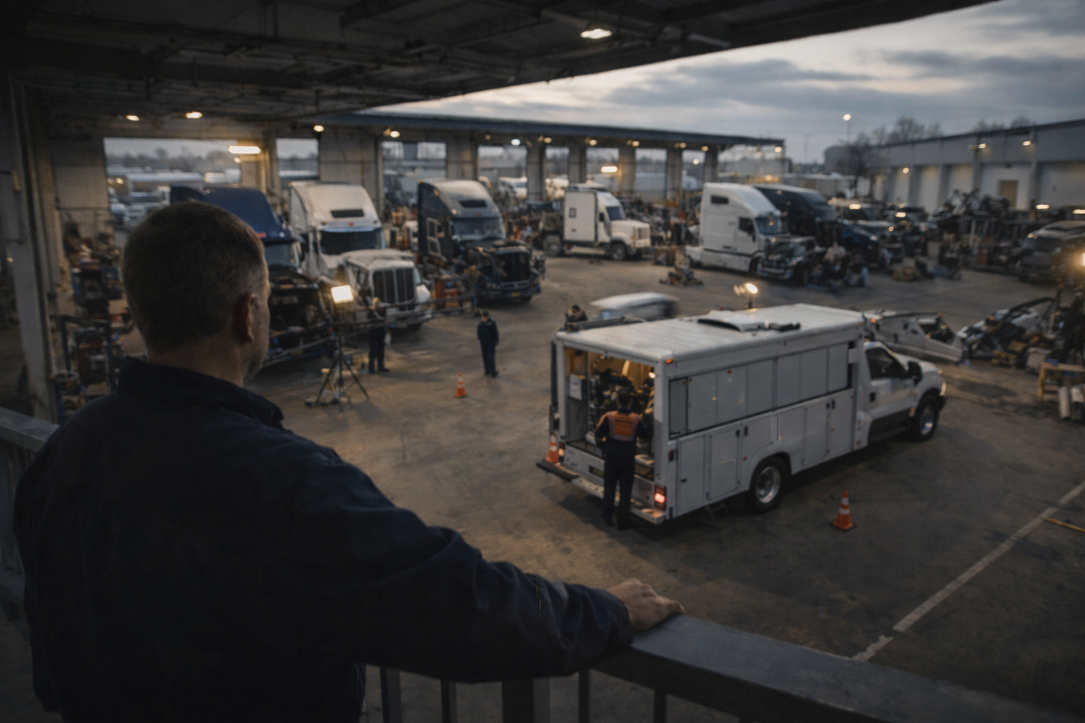 A man overlooks a busy truck maintenance yard at dusk, with several trucks parked and mechanics working near a white service van under a large open structure.