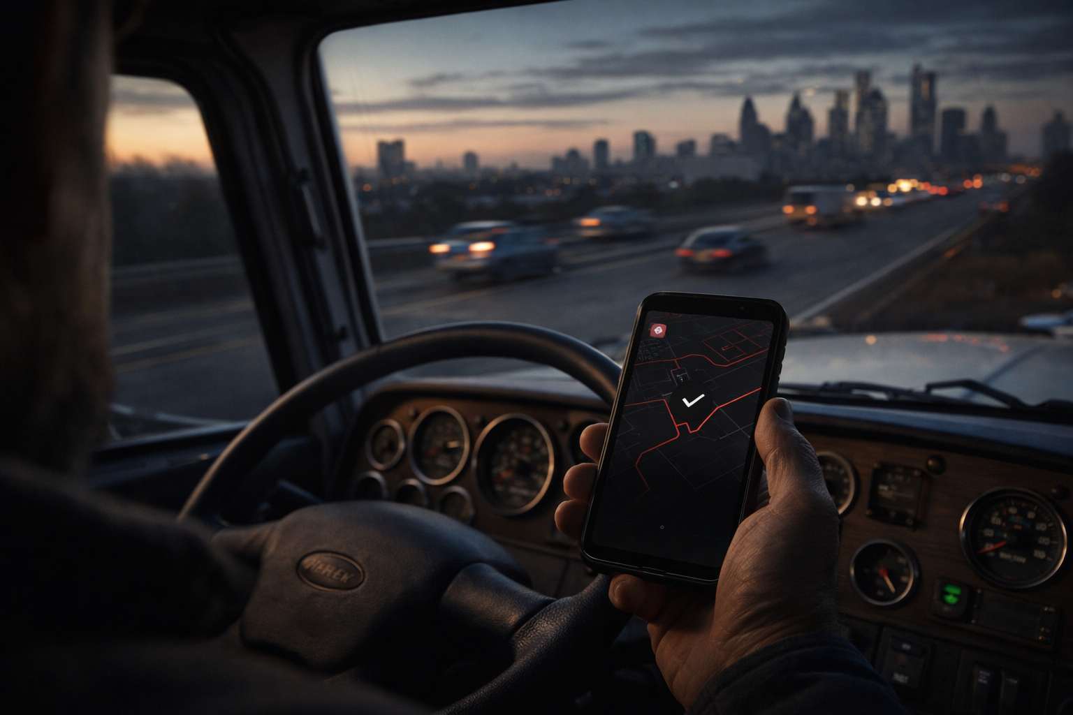 A driver holds a smartphone showing a navigation app while driving a truck on a busy highway at dusk, with a city skyline visible in the background.