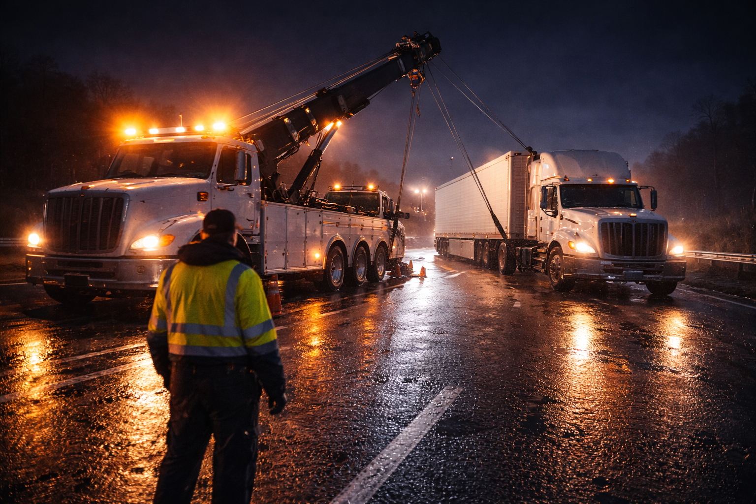 At night on a wet road, a tow truck with flashing lights pulls a large semi-truck upright, while a person in a reflective jacket stands in the foreground watching.