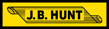 J.B. Hunt logo with bold black text on a yellow background, enclosed in a stylized rectangle with rounded corners and diagonal lines.