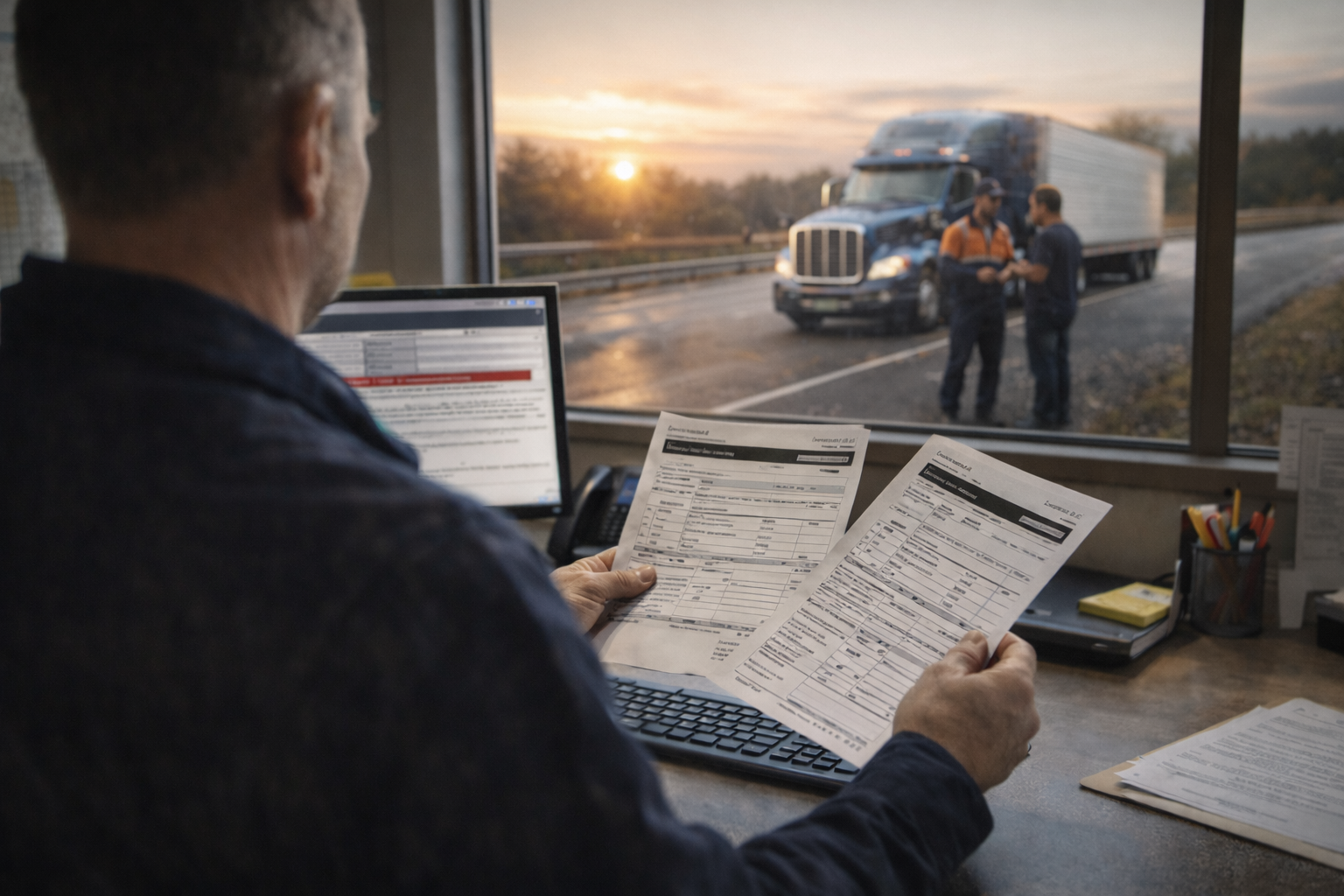 A man sits at a desk holding paperwork while looking at a computer screen. Outside the window, two people stand near a semi-truck parked on the roadside at sunset.