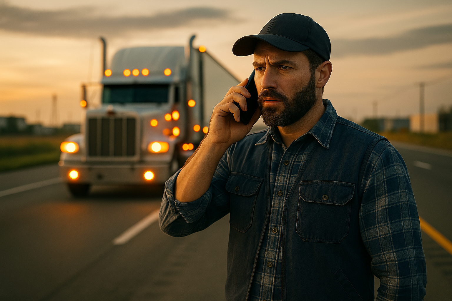 A concerned man in a cap and plaid shirt talks on his phone, possibly seeking roadside assistance, while standing on the road before a large semi-truck at sunset. The headlights are on, and the sky is partly cloudy.