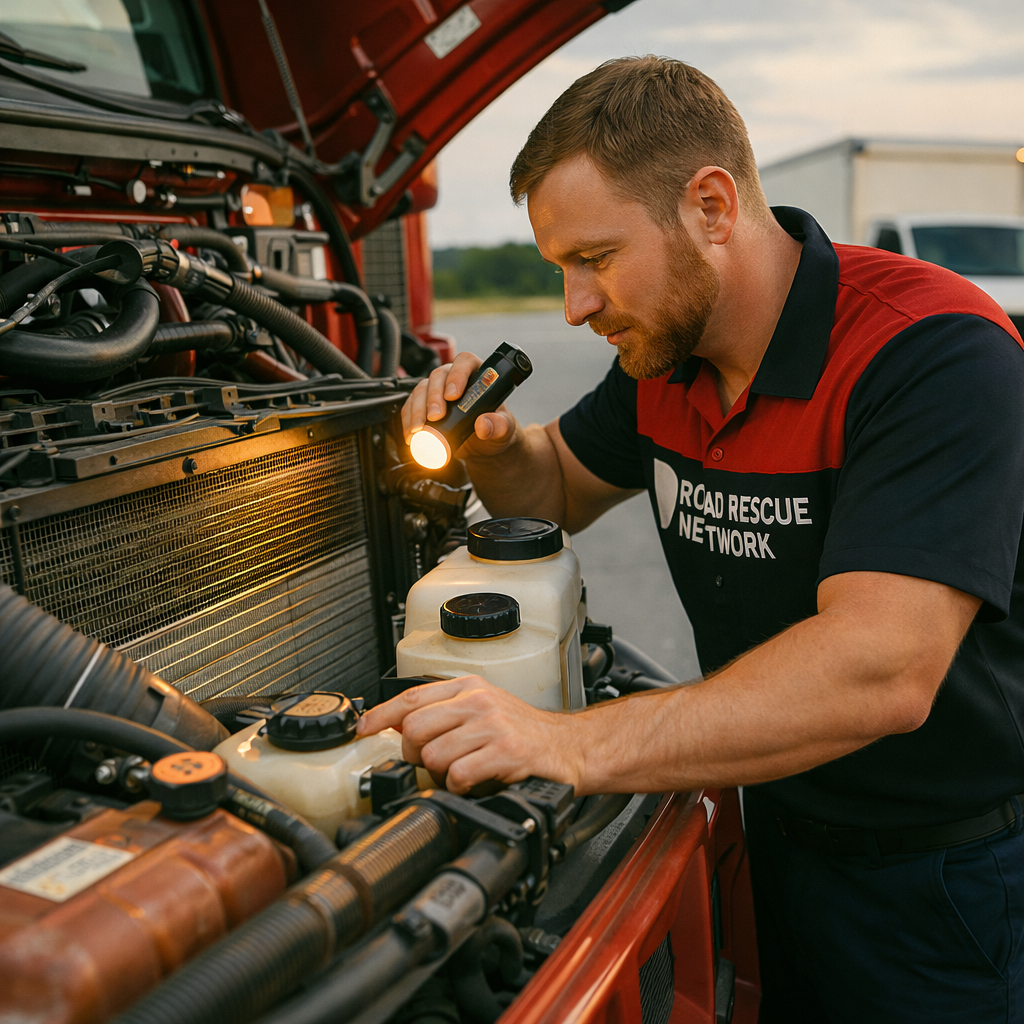 A roadside assistance worker inspects a vehicle engine with a flashlight, wearing a Road Rescue Network uniform. The cars hood is open, and he checks fluid levels in the engine compartment.