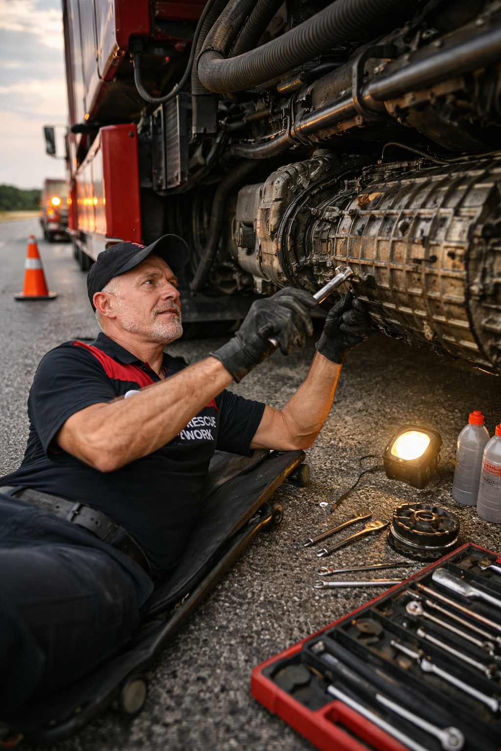 A mechanic in work clothes and gloves lies on a creeper under a large truck, repairing its engine with tools. A toolbox, light, and oil bottles are nearby; traffic cones are visible in the background.
