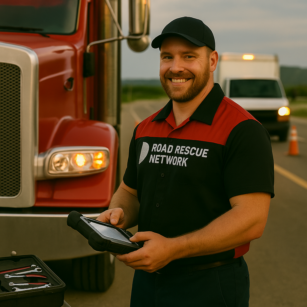 A smiling roadside assistance worker in uniform stands by a red truck, holding a digital tablet. A toolbox is nearby, and an orange traffic cone and van are visible in the background on a road.