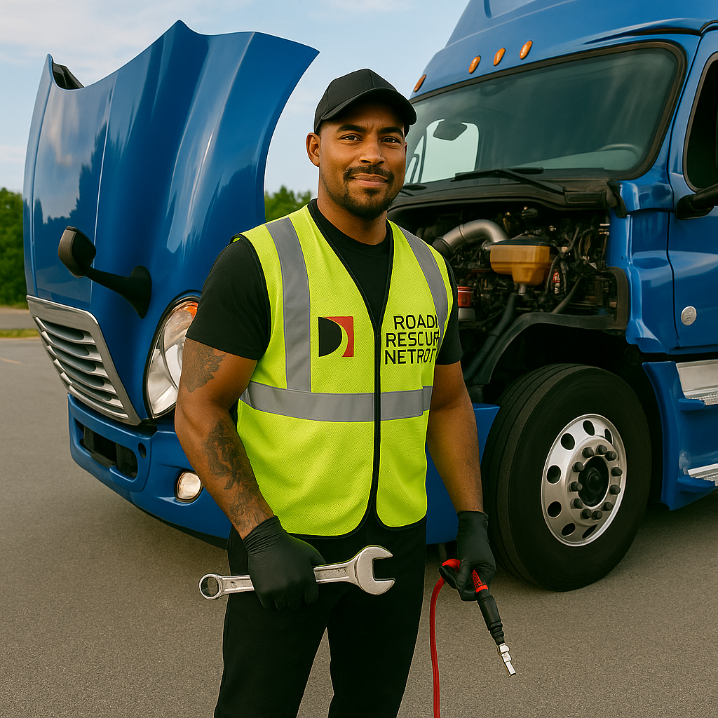 A mechanic in a yellow safety vest stands holding tools in front of a blue truck with its hood open, parked on a road. He is smiling and wearing a black cap, with the trucks engine visible behind him.