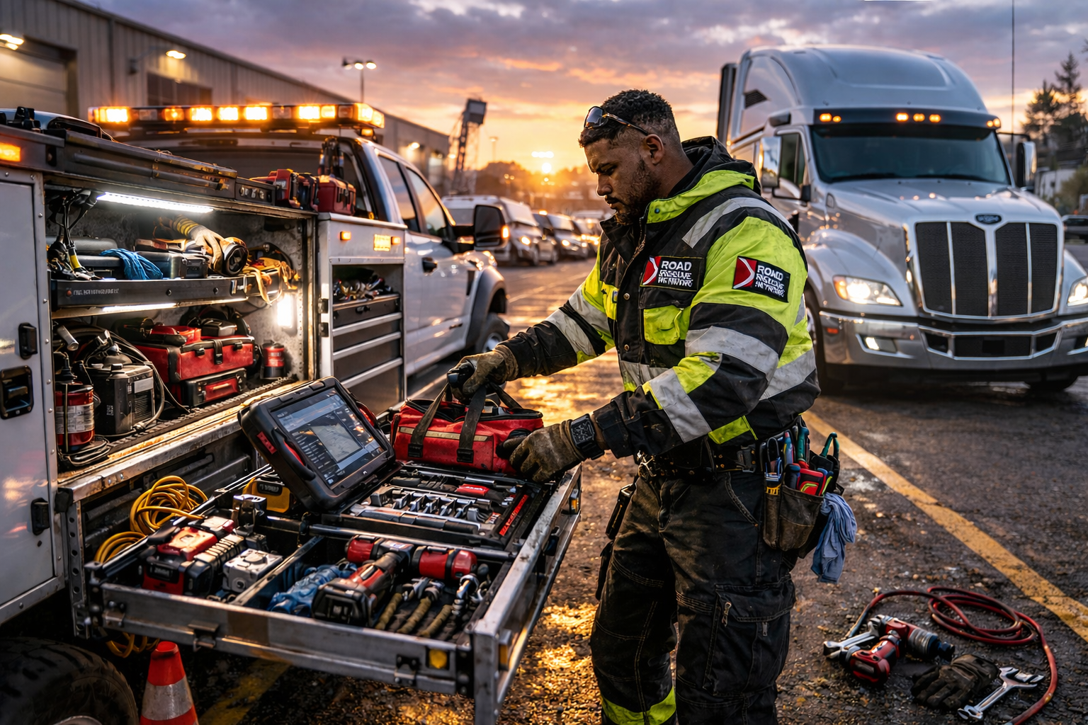 A mechanic in a reflective jacket works with tools from an open truck toolbox in a parking lot at sunset, with a large semi-truck and other vehicles in the background.