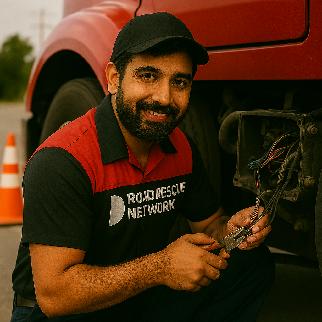 A smiling mechanic in a Road Rescue Network uniform kneels beside a red vehicle, holding pliers and repairing exposed wires near the wheel. An orange traffic cone is visible in the background.