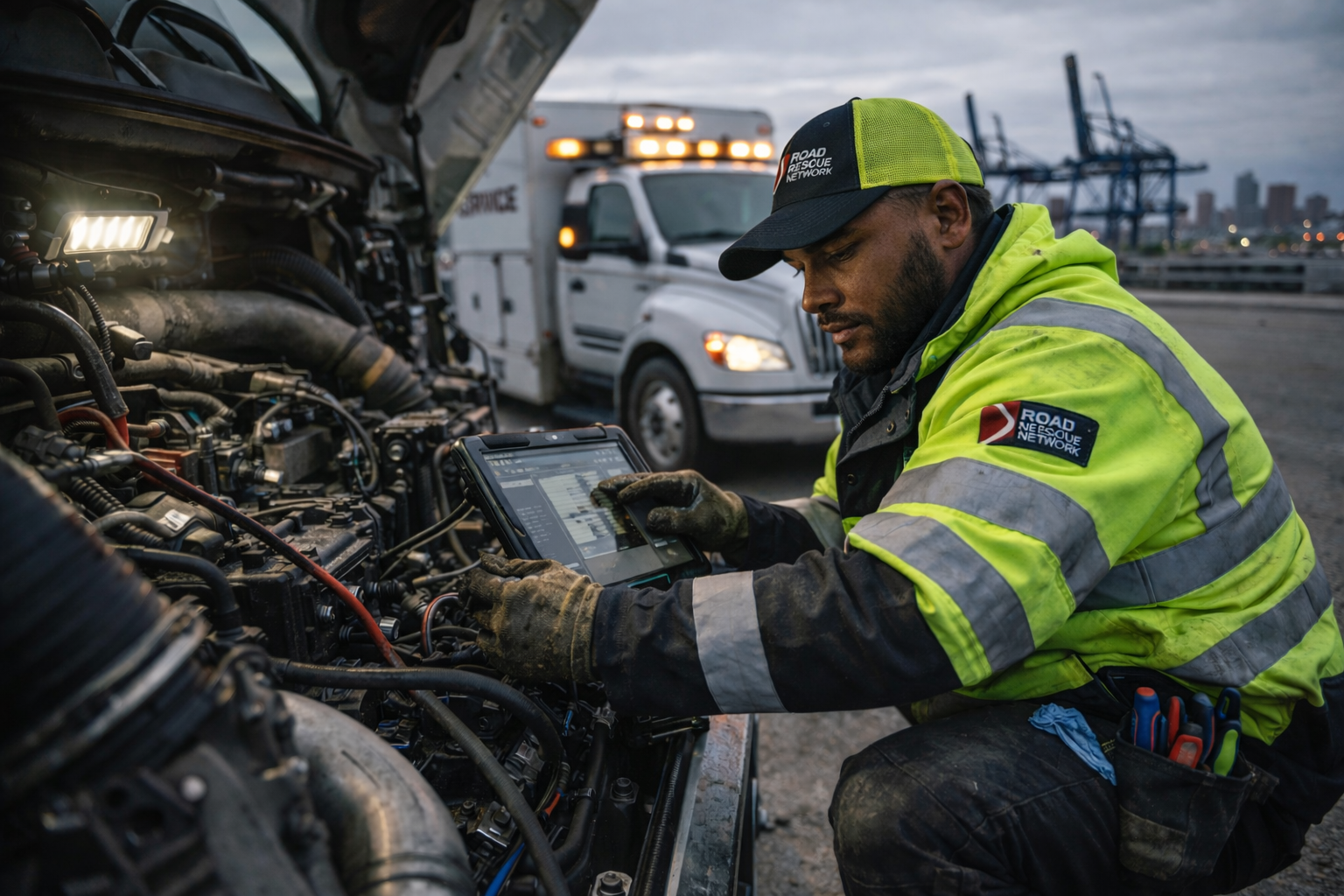 A mechanic in a reflective jacket and cap uses a diagnostic tablet while working on a truck engine outdoors; an emergency service vehicle is parked behind him.