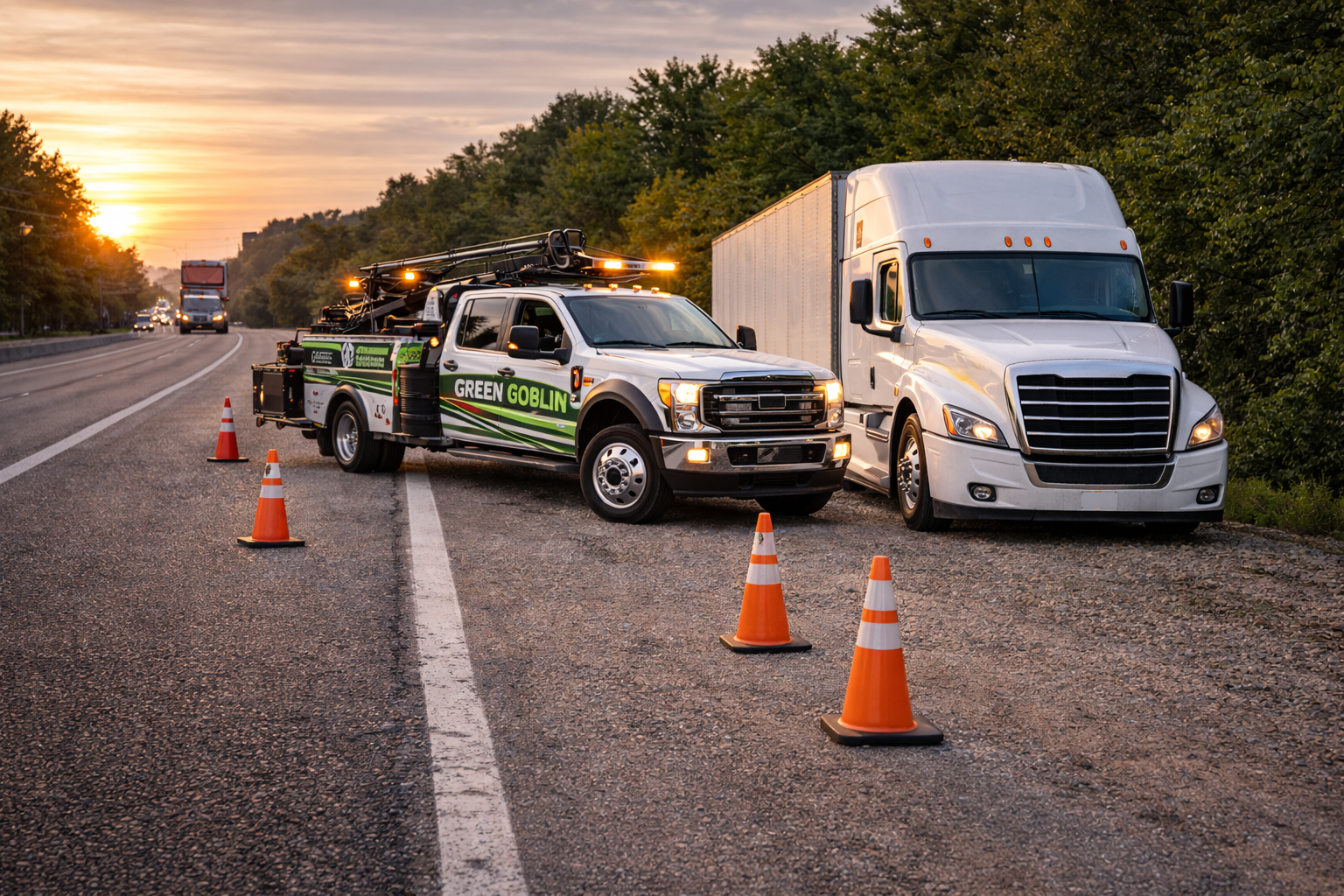 A green and white tow truck with flashing lights is parked on the shoulder next to a white semi-truck. Orange cones are set up around the vehicles. Trees line the road and the sun is setting in the background.