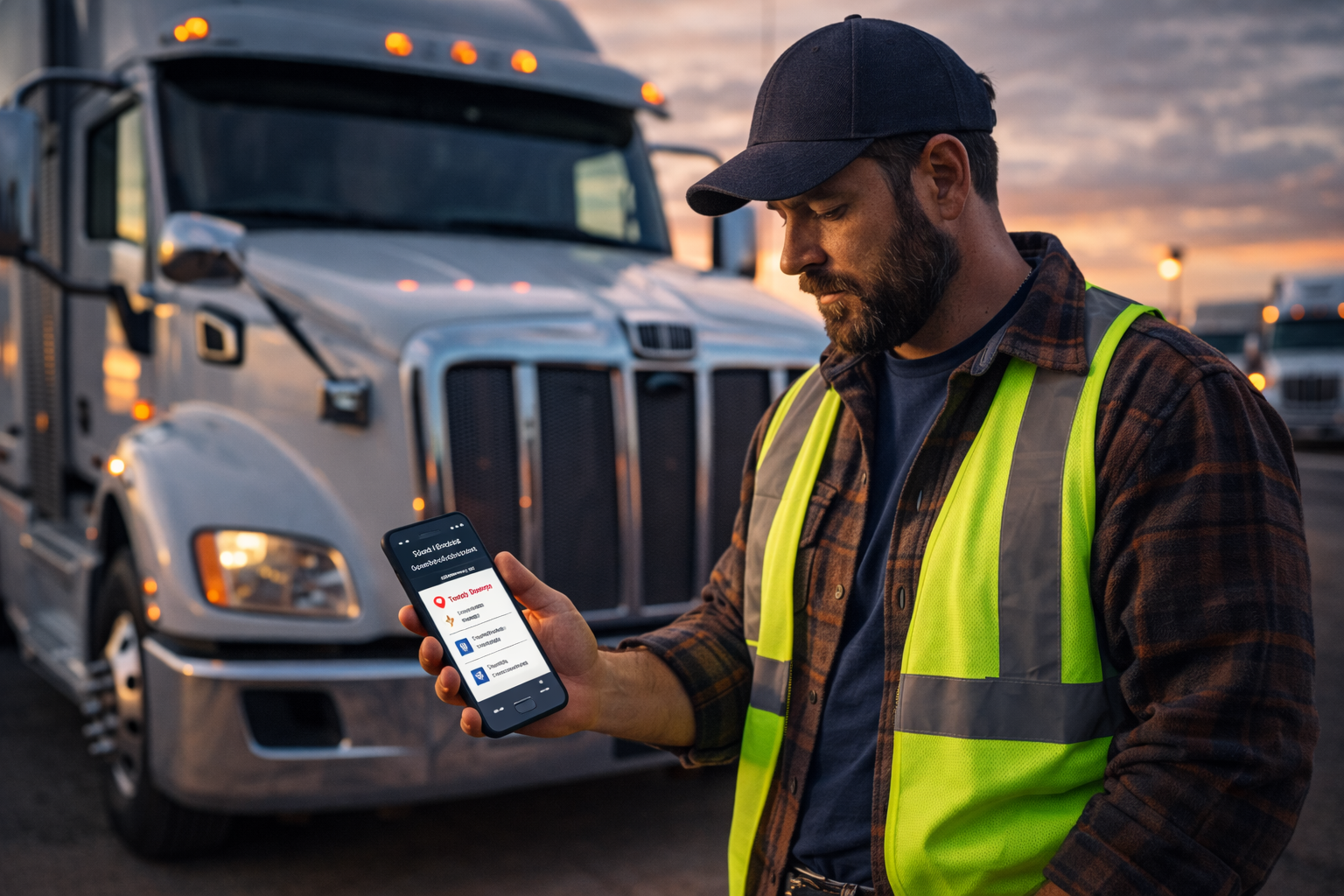 A man in a reflective vest and cap stands in front of a large semi-truck at dusk, looking at a smartphone displaying a logistics or delivery tracking app.
