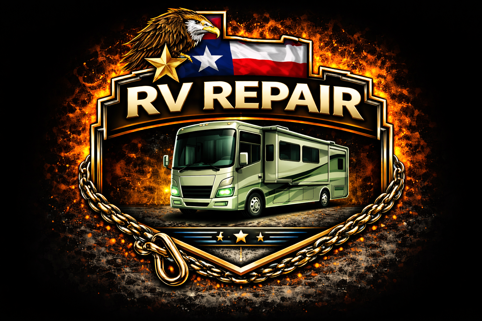 A badge-style logo with an American eagle, Texas flag, and gold star above bold “RV REPAIR” text. Below is a green RV, a gold chain, black background, and fiery orange accents—perfect for Lonestar Recovery & Towing LLC Brownwood.