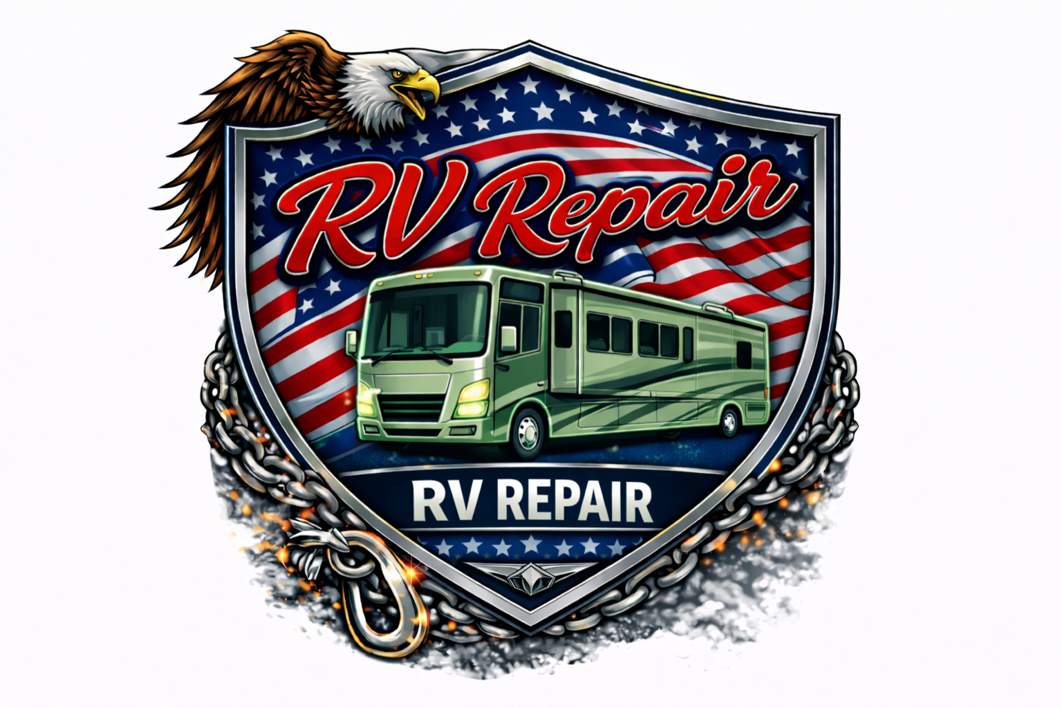 A patriotic RV repair logo for Stafford Truck Repair LLC Fredericksburg, featuring a green motorhome on a shield with an American flag background, a bald eagle above, metal chain border, and bold “RV Repair” text.