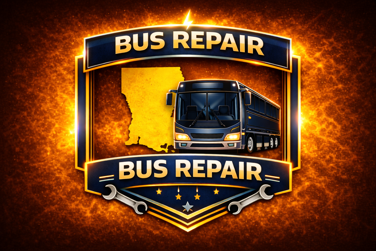 A glowing emblem featuring a blue bus, two BUS REPAIR banners, a gold state outline, wrenches, and stars on a fiery orange background—perfect for representing A & T Motor Company LLC. Houma.