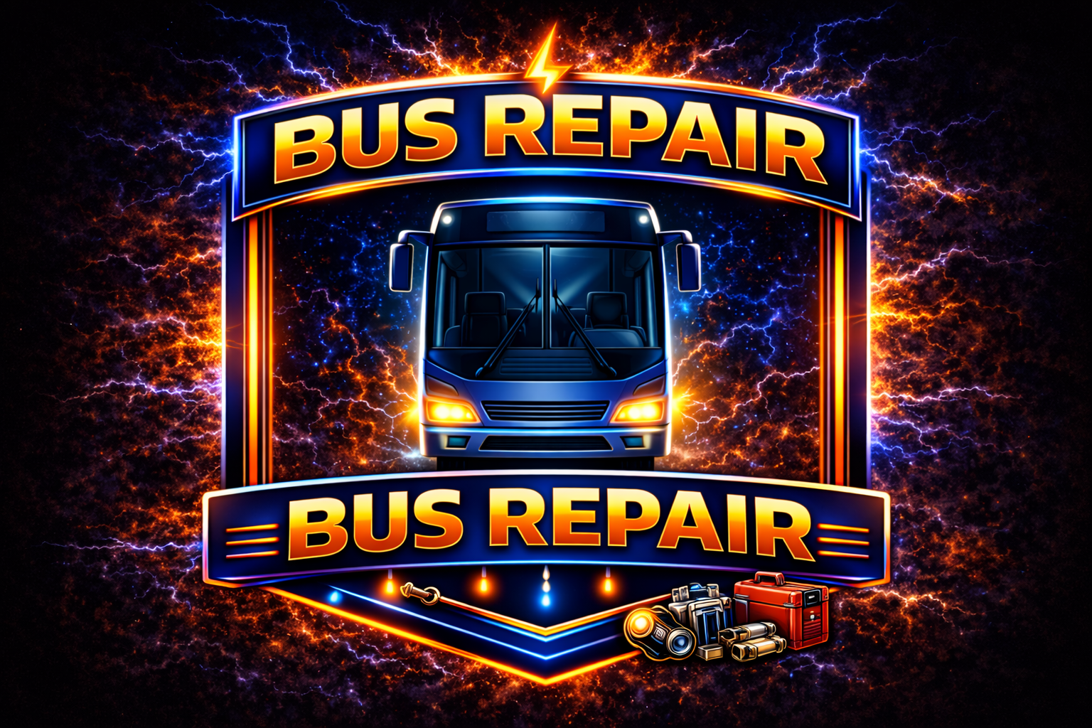 A glowing, neon-style sign reads Bus Repair above and below an illustrated bus, with sparks, tools, engine parts, and a toolbox featured at the bottom. The design has a vibrant energy, perfect for OTW Towing or LLC Raeford branding.