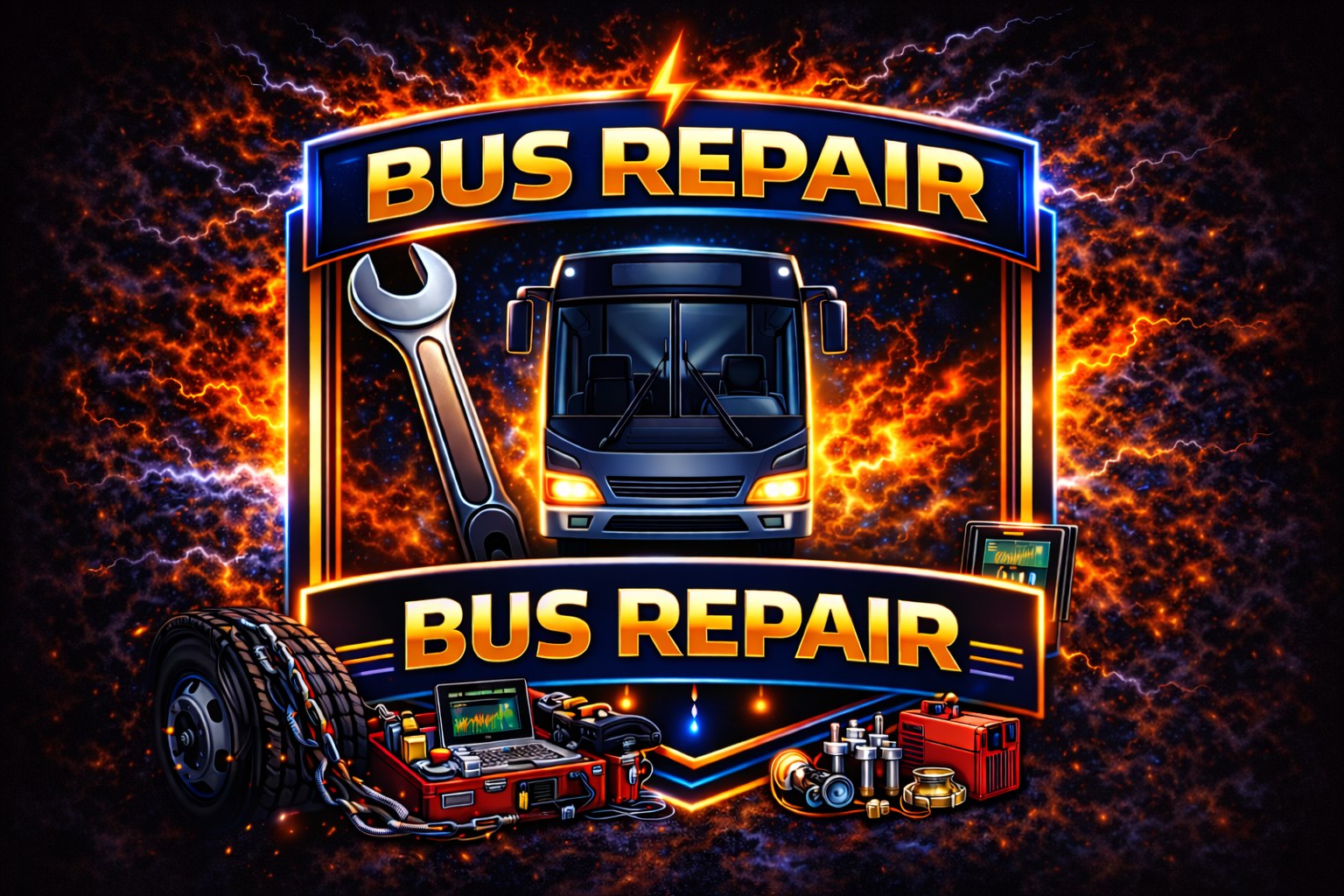 A vibrant Bus Repair logo for LCG Fleet Command Services Florence features a bus, wrench, tire, diagnostic tools, and car parts, surrounded by glowing orange and blue lightning effects on a dark background.