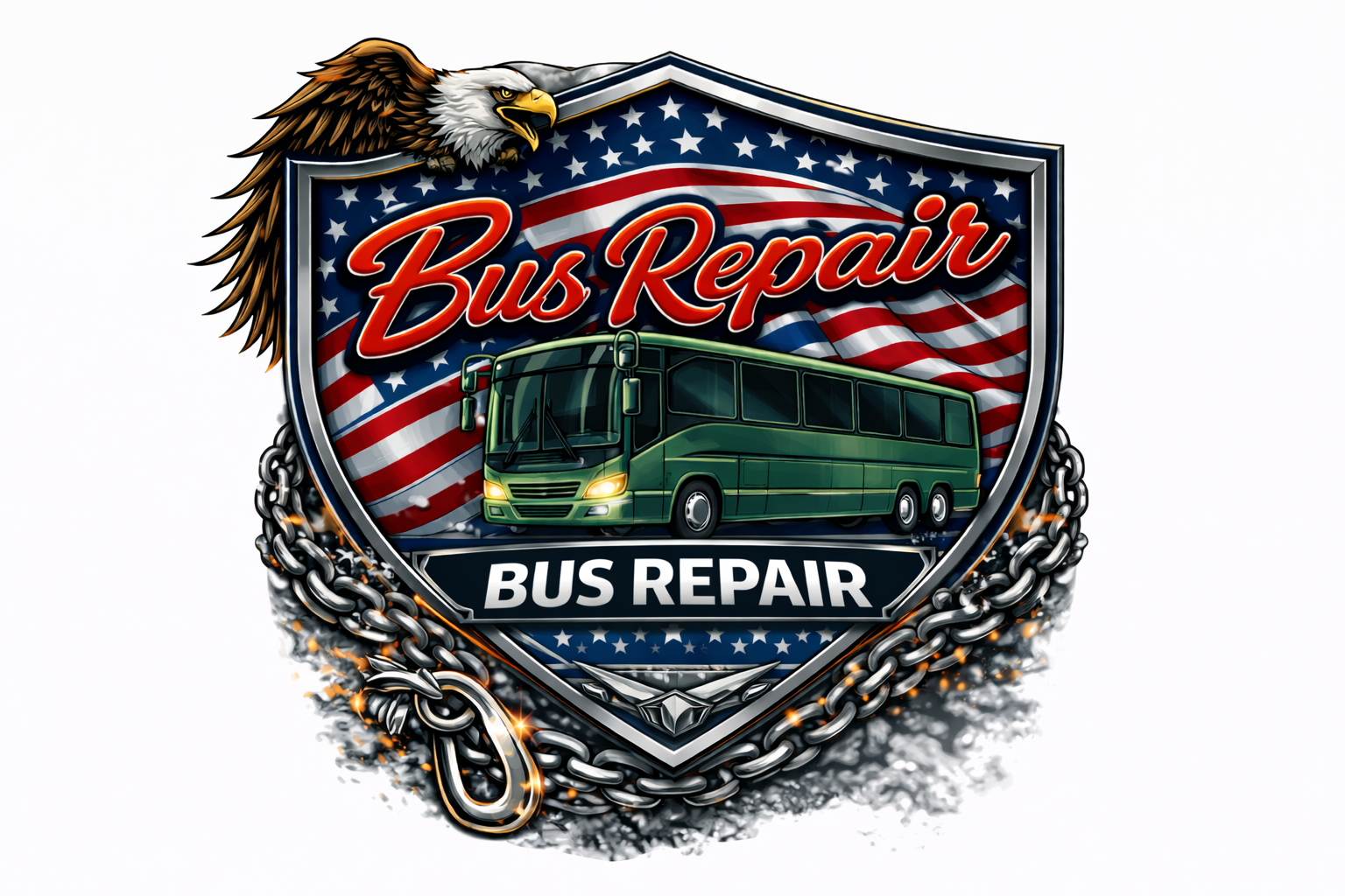 A shield with an American flag background features "Bus Repair" text, a green bus, a bald eagle perched on top, and a chain around the bottom. "Bus Repair" appears twice, highlighting Stafford Truck Repair LLC Fredericksburg.