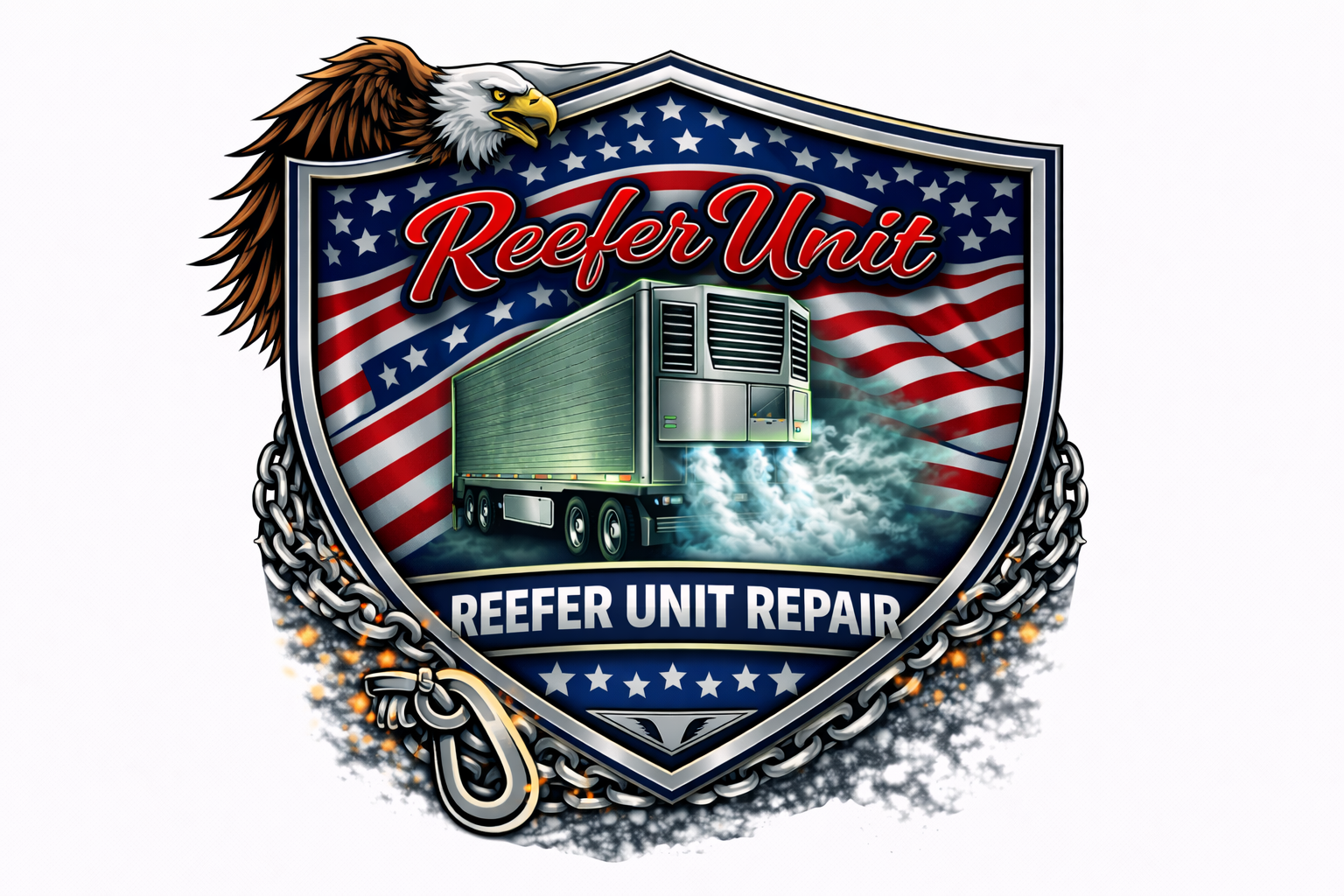 A shield with an American flag background, a bald eagle on top, and a refrigerated trailer in the center emitting cold air. Text reads Stafford Truck Repair LLC Fredericksburg, Reefer Unit, and Reefer Unit Repair. Chains border the shield’s lower half.