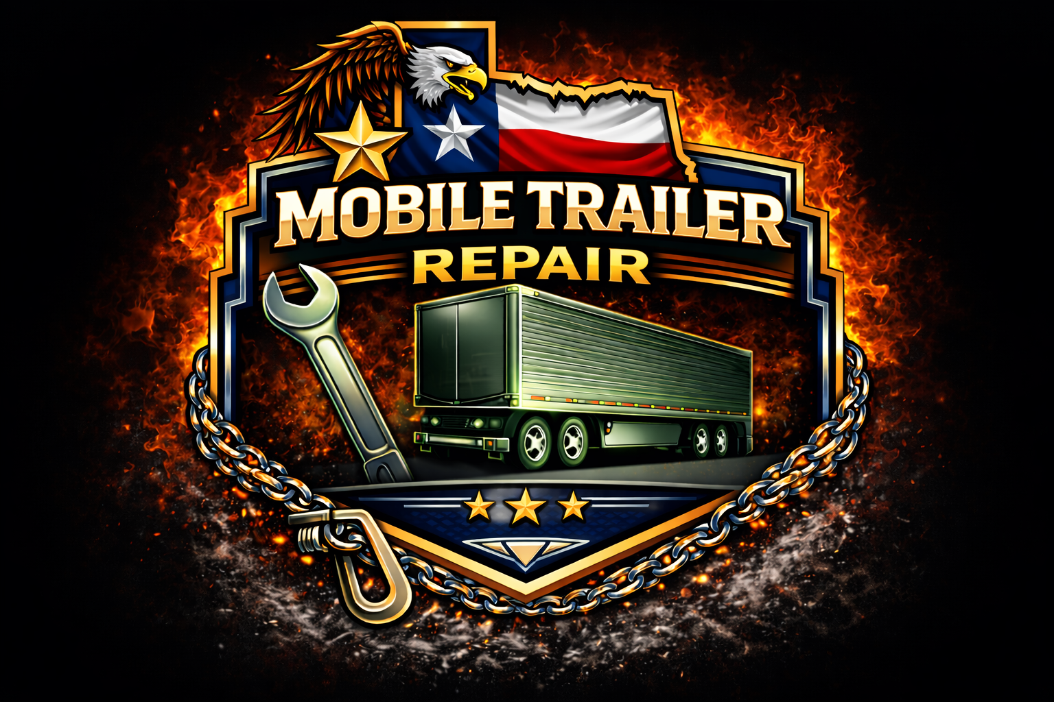 A logo for Mobile Trailer Repair and Lonestar Recovery & Towing LLC Brownwood, featuring a trailer, wrench, gold stars, a chain, an eagle, and the Texas flag, all set against a fiery background.