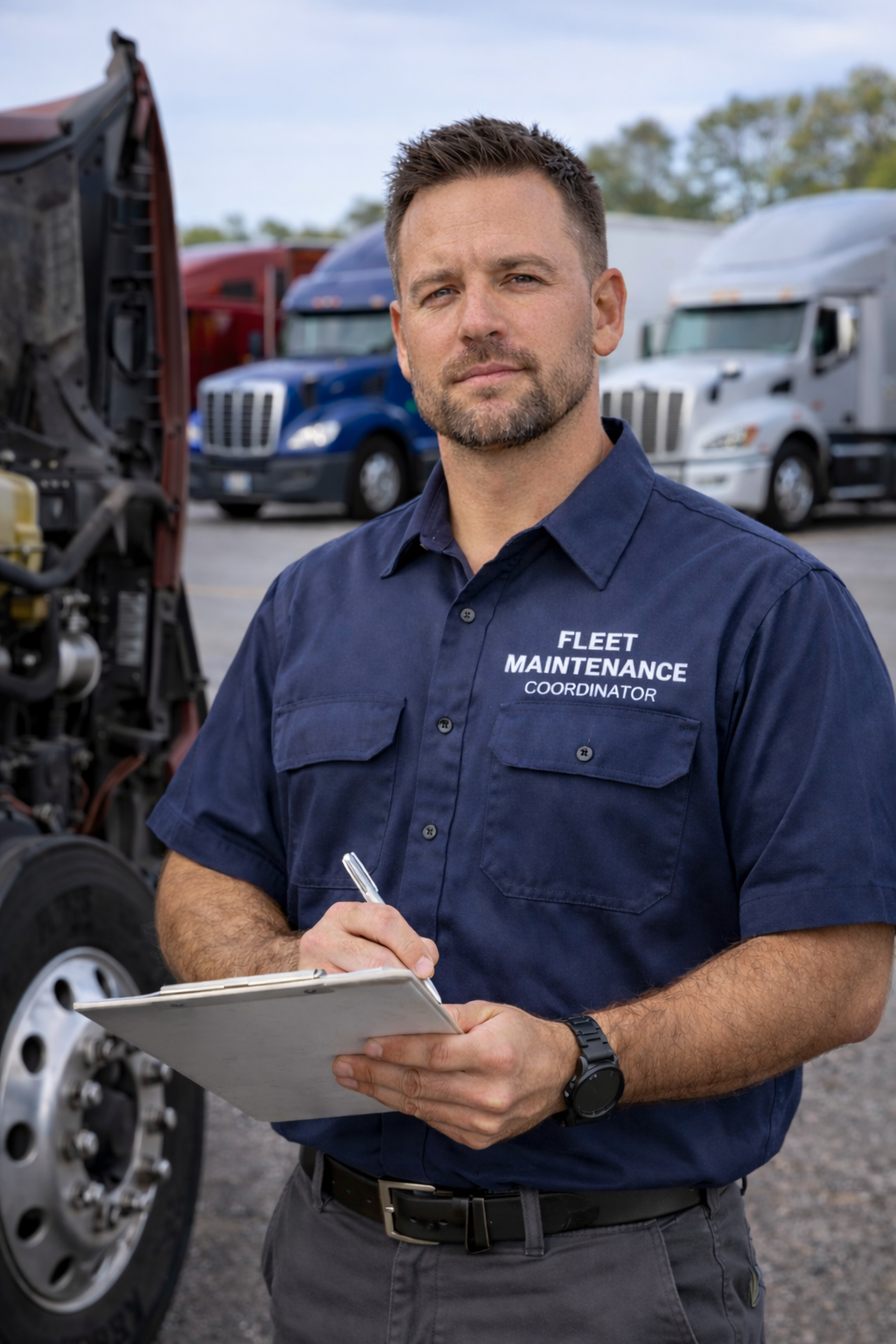 A man in a Fleet Maintenance Coordinator shirt stands in front of semi-trucks, holding a clipboard and pen, looking at the camera in an outdoor parking lot.