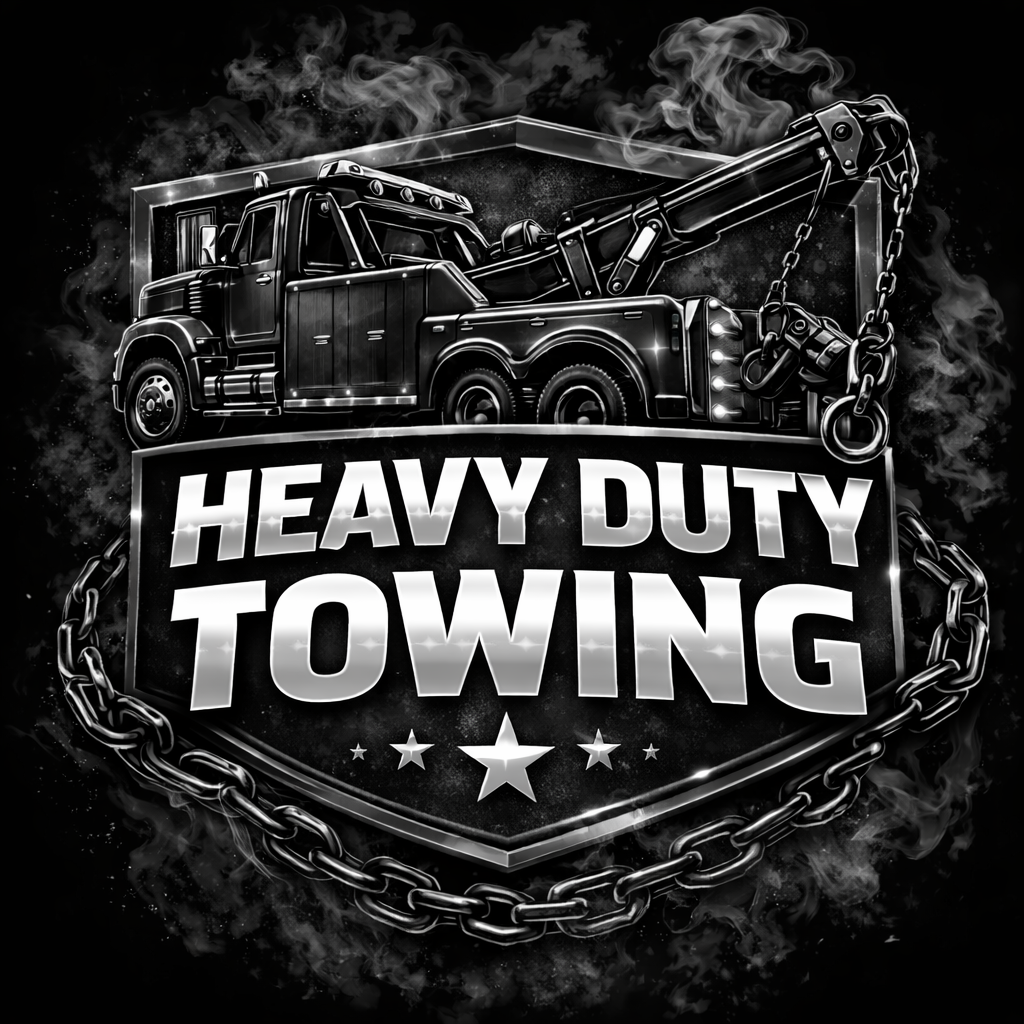 A black and white illustration of a tow truck above bold, metallic text that reads Heavy Duty Towing, framed by a large chain and a star, with smoke effects in the background.