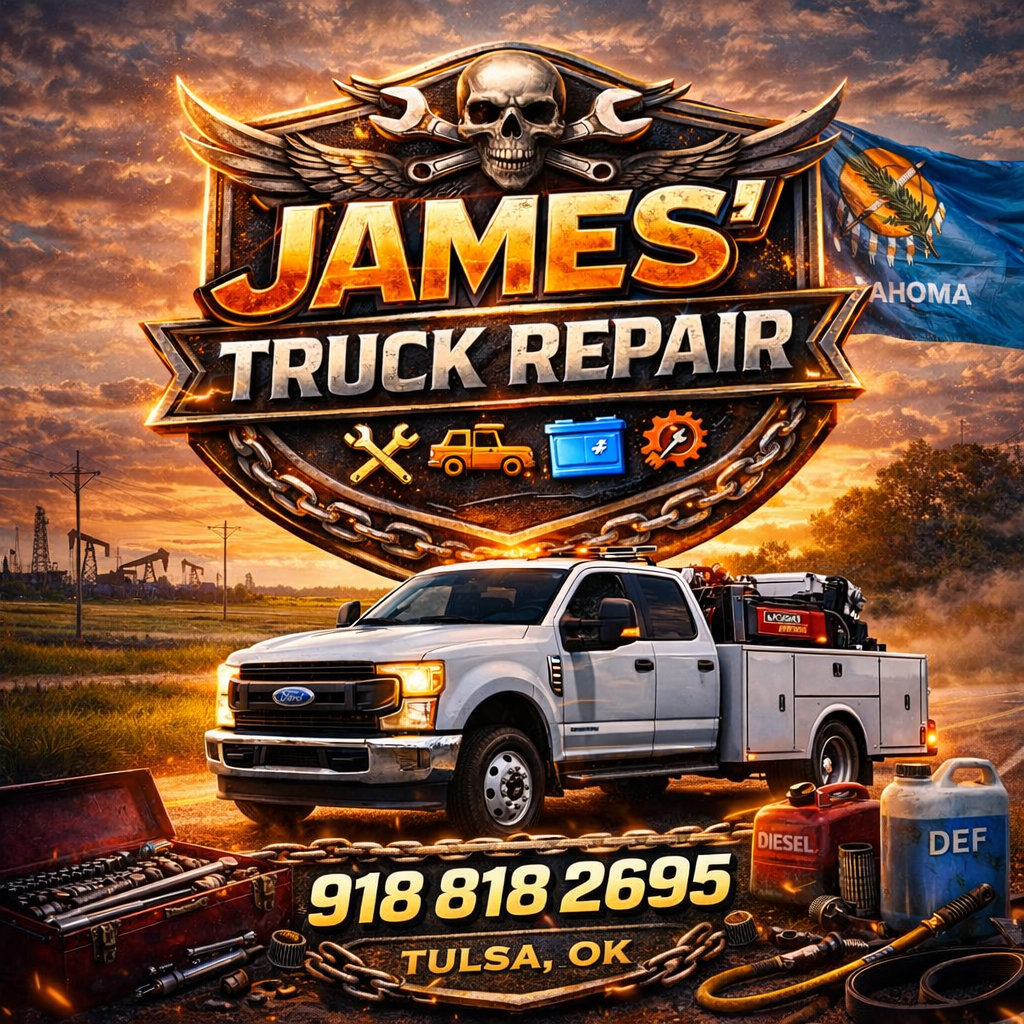 A white service truck is parked on a rural road at sunset. A large sign reads James Truck Repair with tools and vehicle icons. Contact info and Tulsa, OK are below, with tools, fuel cans, and an Oklahoma flag in the background.