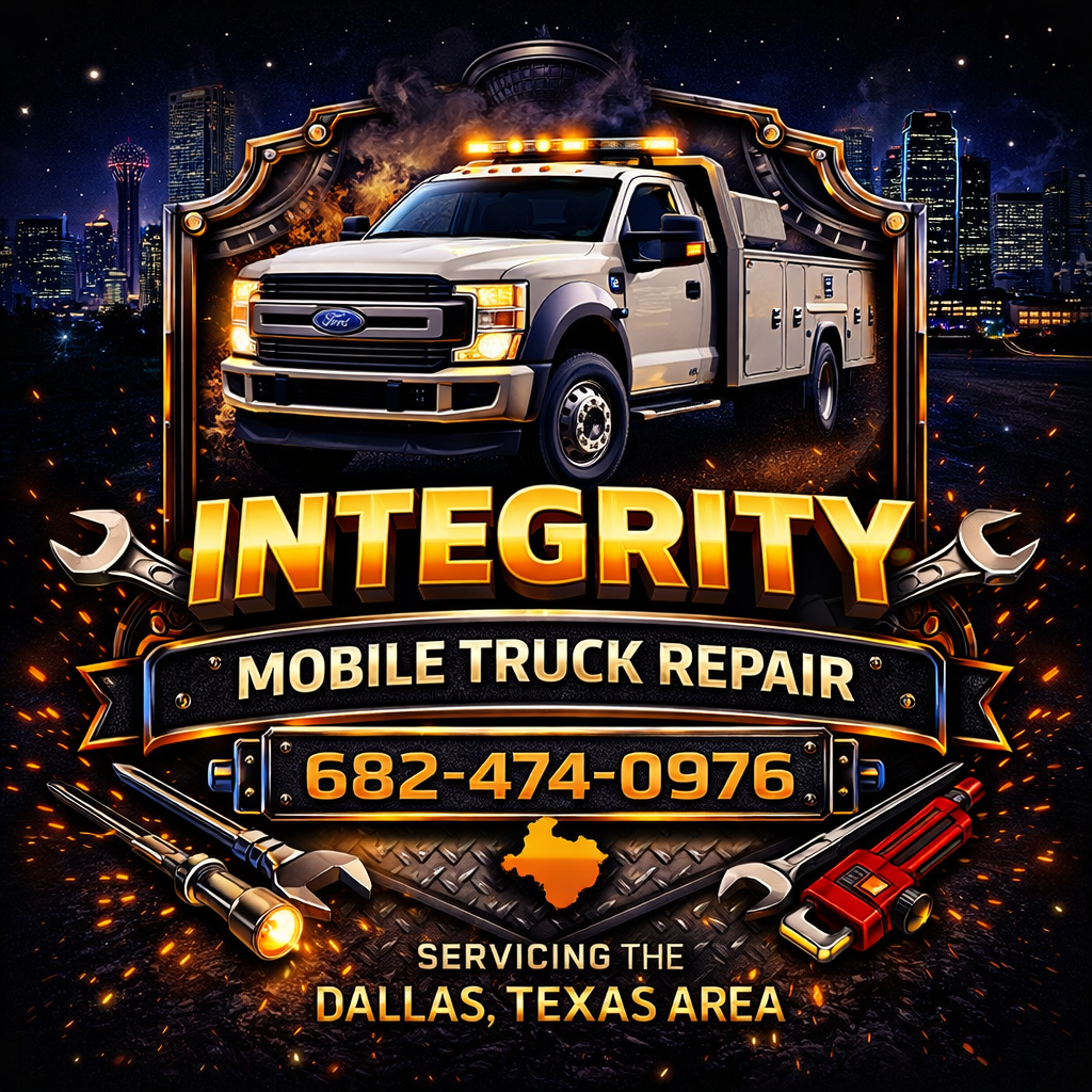 Advertisement for Integrity Mobile Truck Repair featuring a white service truck, contact number 682-474-0976, and stating service in the Dallas, Texas area. The design includes tools and a city skyline background.