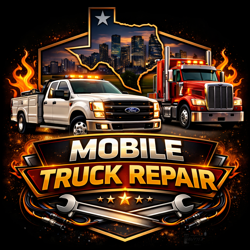 Illustration of Martin's Road Side Assistance Houston “Mobile Truck Repair” service, with a white pickup, red semi-truck, city skyline, Texas outline, wrenches, and flames. Bold text highlights the service.