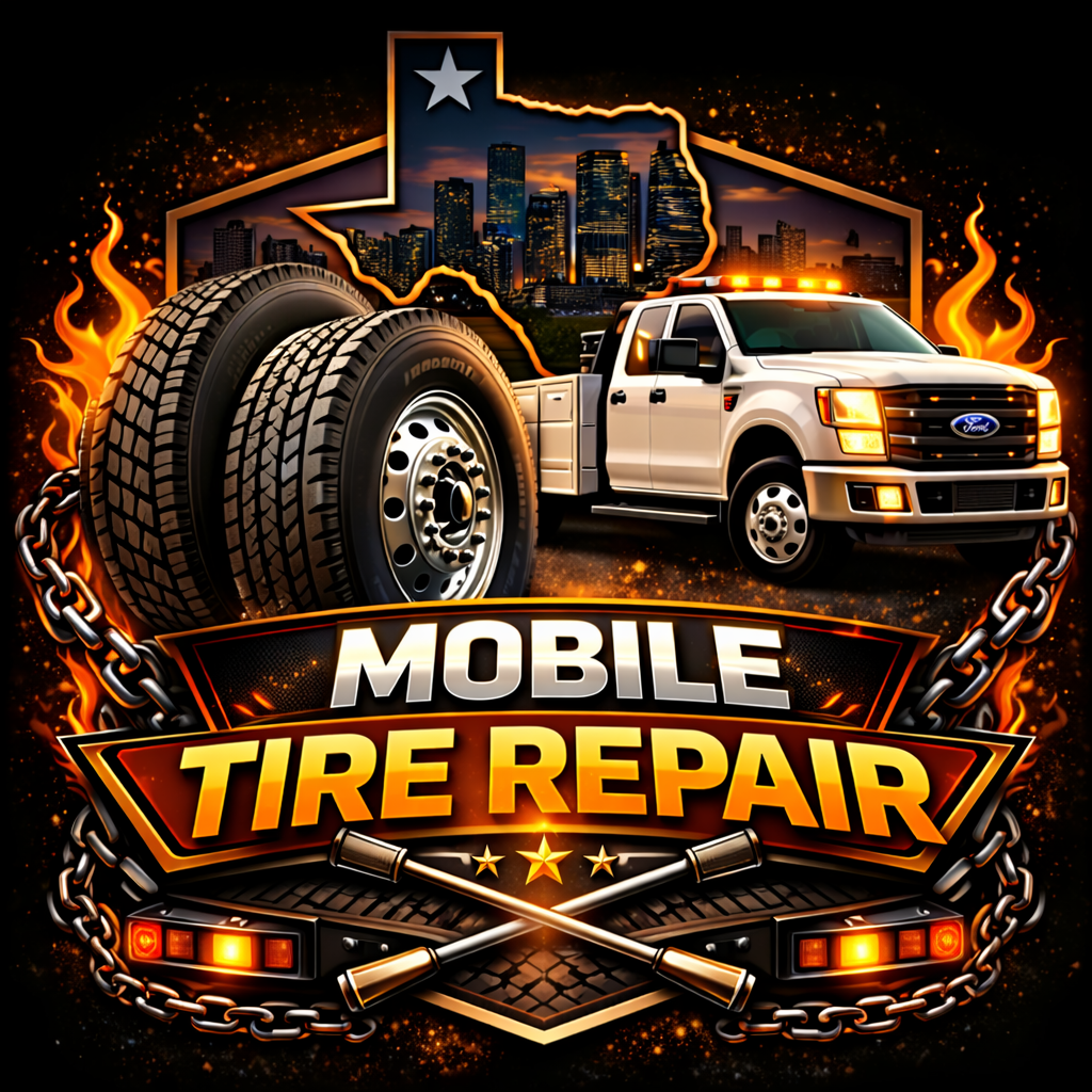A white pickup truck and two large tires in front of a city skyline and Texas state outline, with flames, chains, and wrenches framing bold text: Martin's Road Side Assistance Houston Mobile Tire Repair.