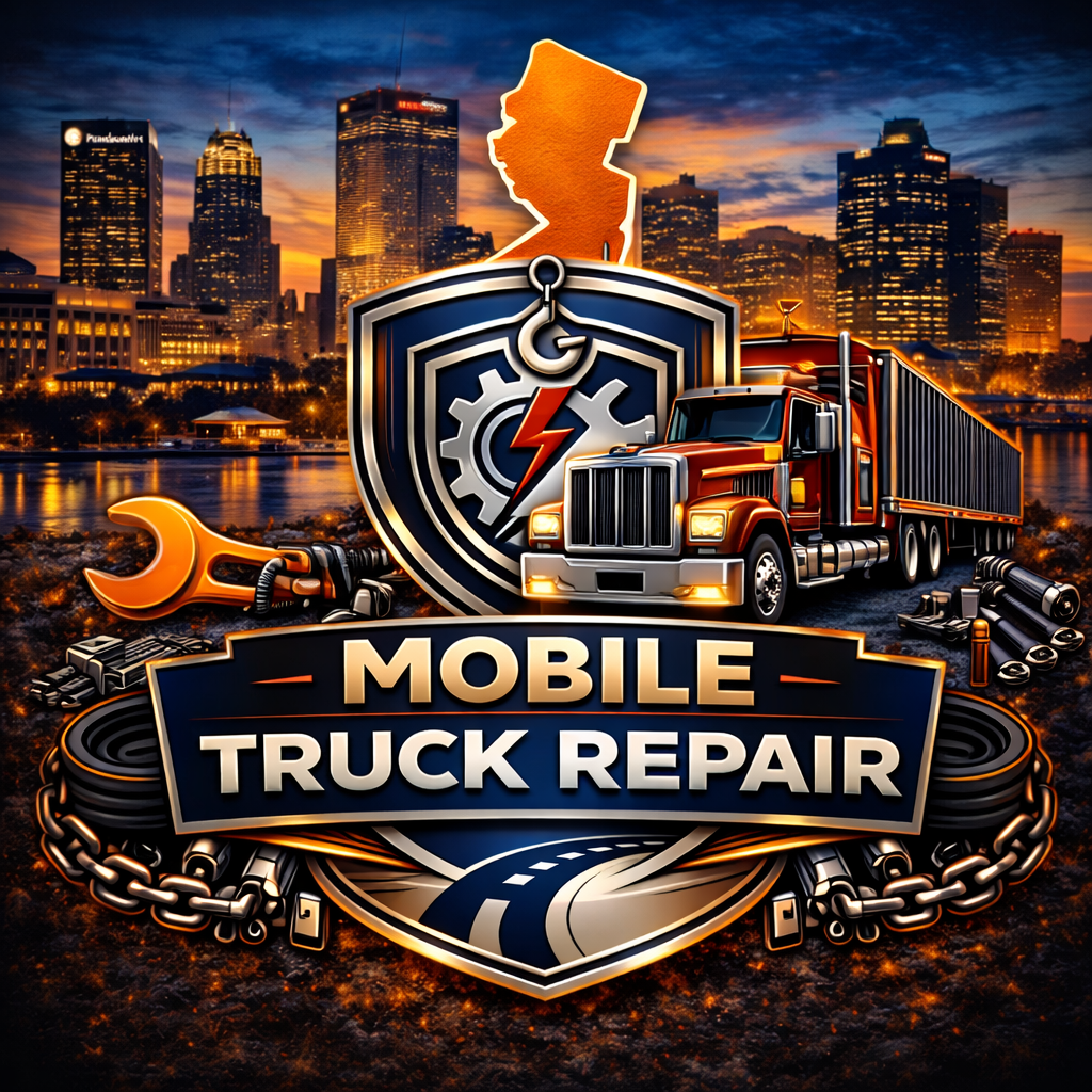 A vibrant logo for Valentin's Truck Repair Newark features a red semi-truck, mechanical tools, gears, and chains, with a city skyline and a silhouette of New Jersey in the background during sunset.