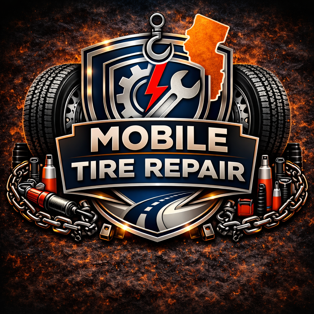 A bold Mobile Tire Repair emblem for Valentin's Truck Repair Newark features a wrench, tire, gear, Illinois state outline, road, and chains, with dynamic tire and tool graphics set against a fiery, energetic background.