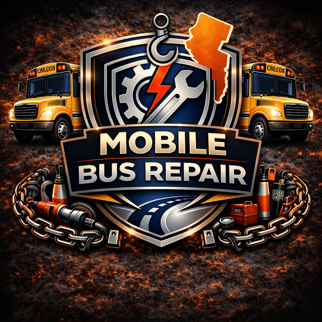 A bold logo shows “Mobile Bus Repair” with gears, tools, and a lightning bolt, flanked by two yellow buses and repair equipment—evoking Valentin's Truck Repair Newark—set against a dark textured background with an orange map outline.