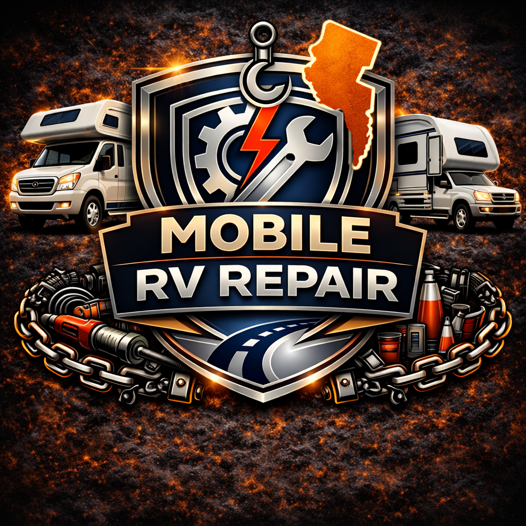 A bold logo for Valentin's Truck Repair Newark mobile RV repair features two RVs, a wrench, gear, and lightning bolt on a shield, with tools and chains below, a road leading into the center, and New Jersey’s outline highlighted at the top.