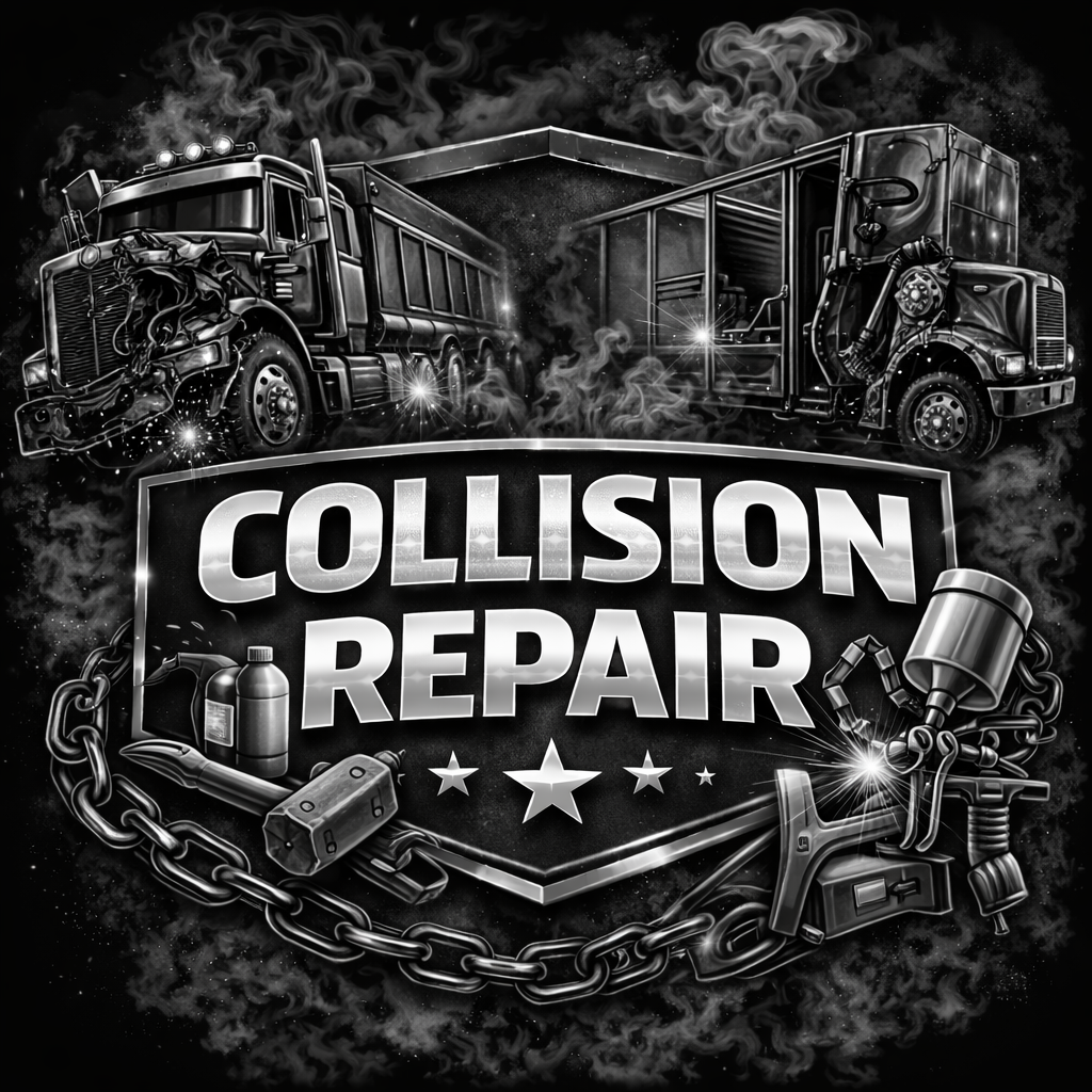 Black and white illustration of two damaged trucks facing each other, surrounded by smoke. Collision Repair is written boldly in the center, with repair tools and a heavy chain below the text.