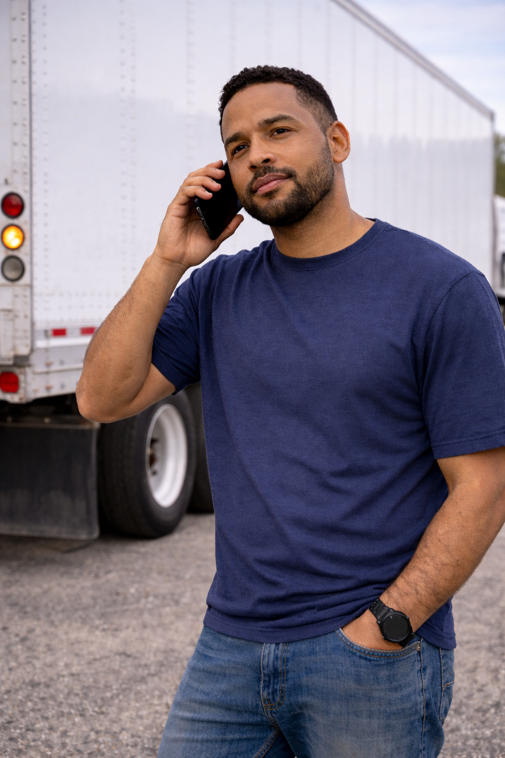A man in a blue t-shirt and jeans stands outside near a large white truck, holding a phone to his ear and looking at the camera with a neutral expression.