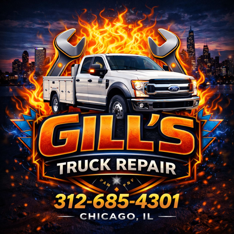 Gills Truck Repair logo with flames 1 768x768