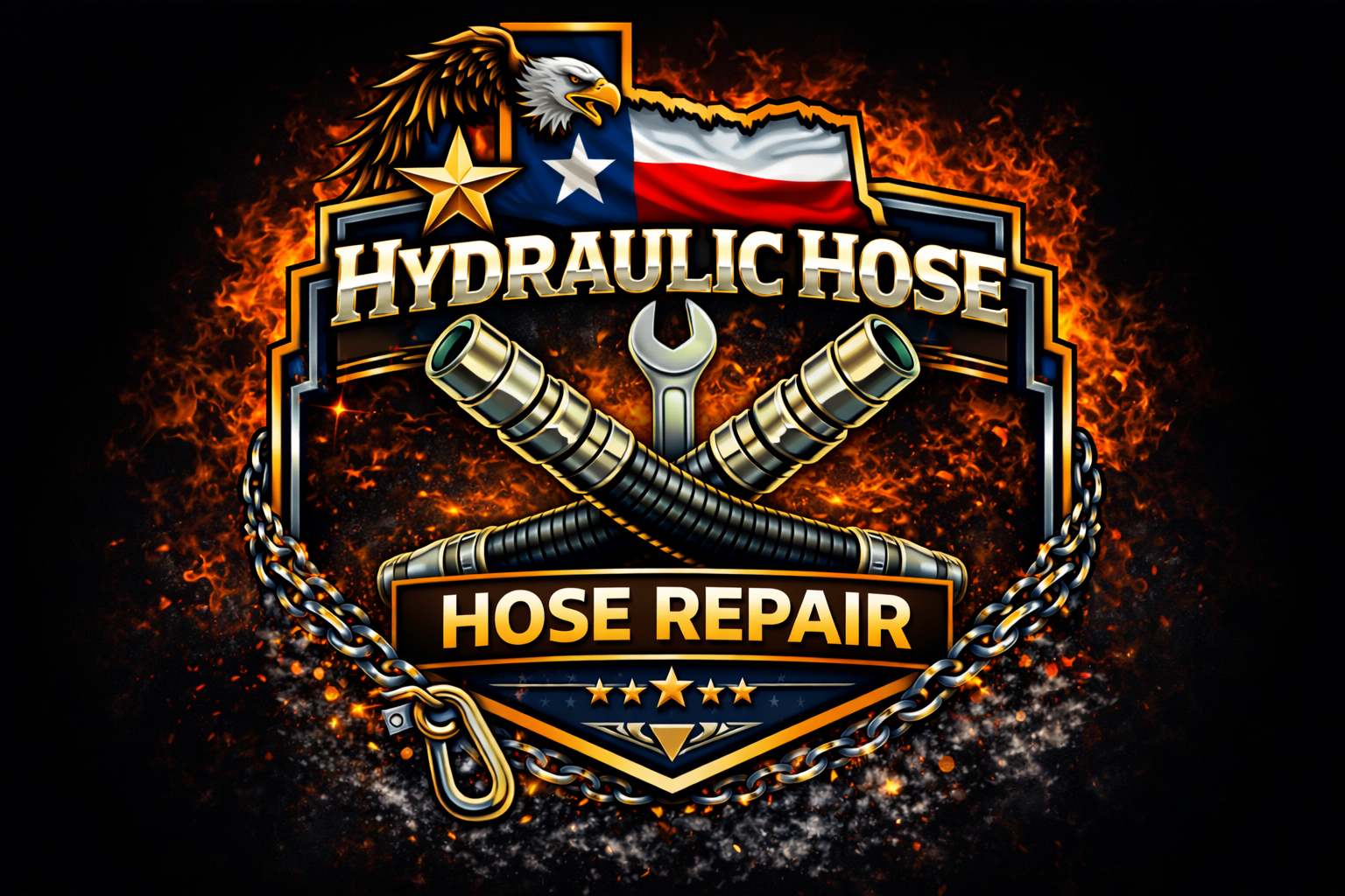 A bold logo featuring an eagle, Texas flag, and golden star above Hydraulic Hose. Two crossed hoses and a wrench are centered above Hose Repair for Lonestar Recovery & Towing LLC Brownwood, framed by chains, flames, and four gold stars.