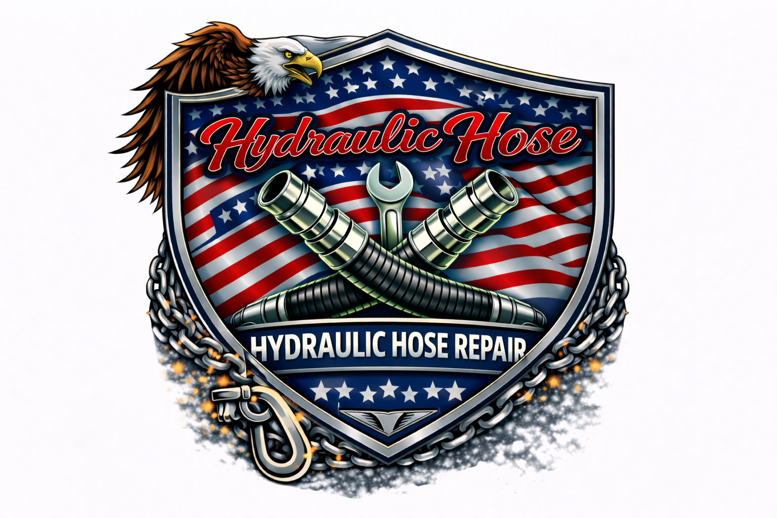 A shield with an American flag, crossed hydraulic hoses and a wrench, wrapped in chains with a hook. An eagle’s head is above, and the text reads “Hydraulic Hose,” “Hydraulic Hose Repair,” and “Stafford Truck Repair LLC Fredericksburg.”.