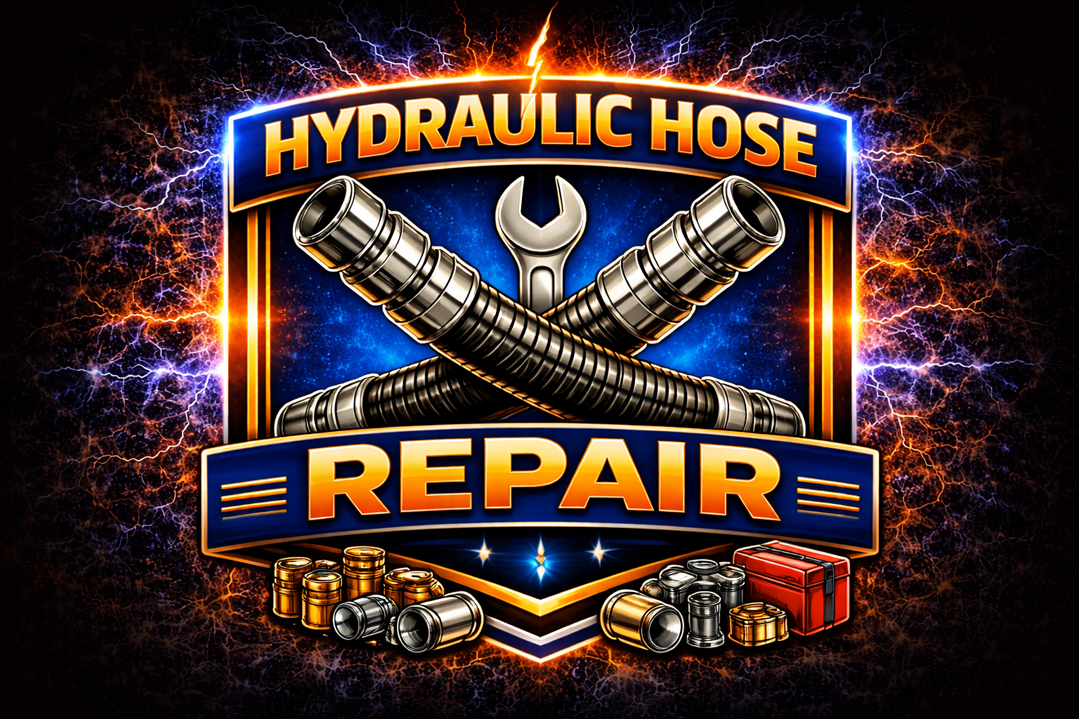 A vibrant logo shows two crossed hydraulic hoses with a wrench behind them, surrounded by the text Hydraulic Hose Repair. Fittings and a red toolbox sit at the bottom for OTW Towing, LLC Raeford, with electric sparks in the background.