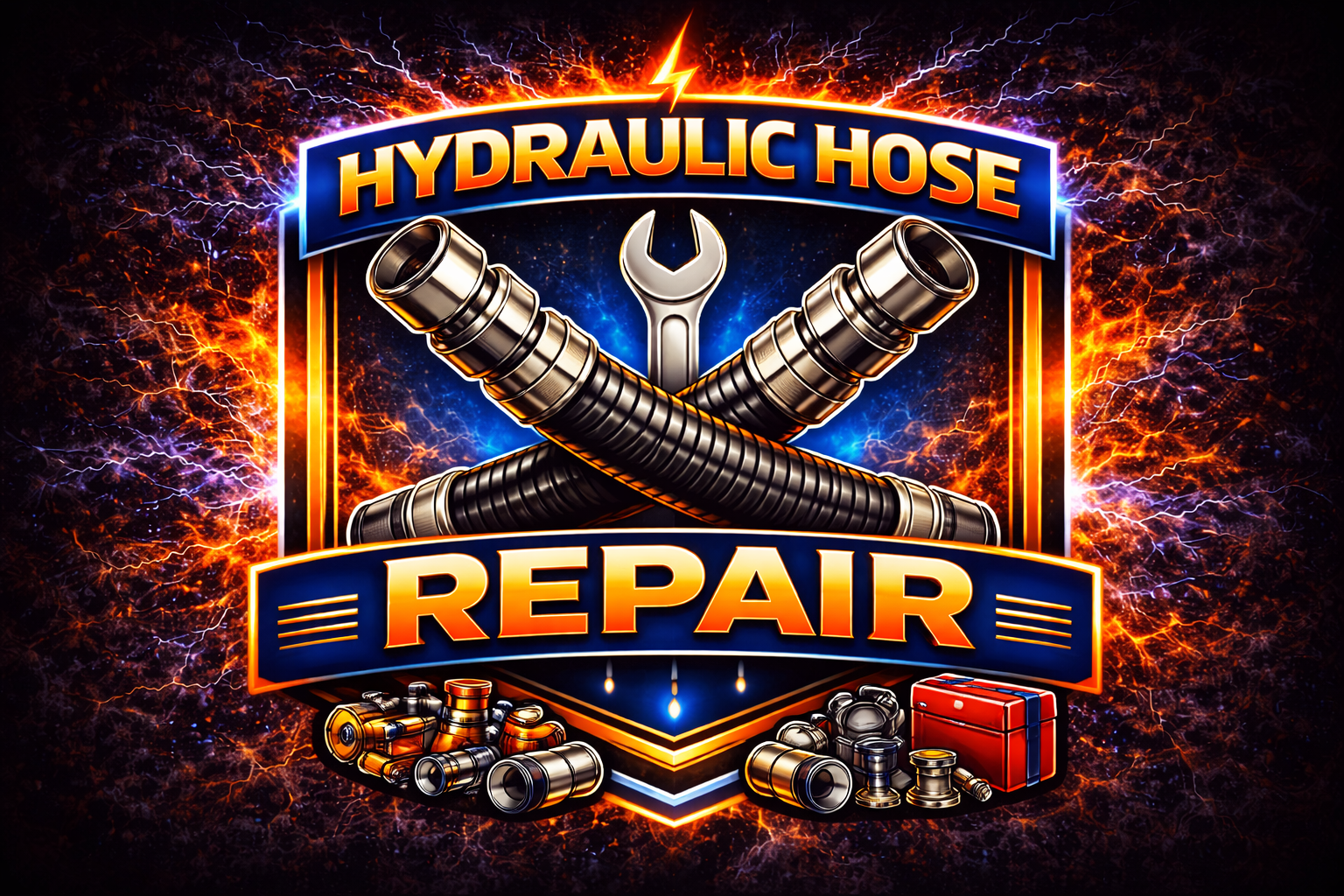 A vibrant emblem featuring two crossed hydraulic hoses and a wrench, with "Hydraulic Hose Repair" in bold letters. Surrounding the emblem are hose fittings, a red toolbox, and a fiery background—perfect for LCG Fleet Command Services Florence.